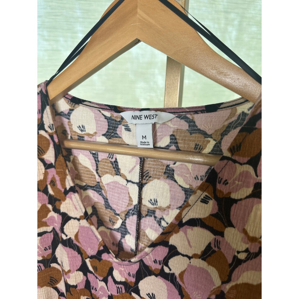 Nine West Dress Medium Brown Pink Floral Print Long Sleeve V Neck NEW - Picture 8 of 10
